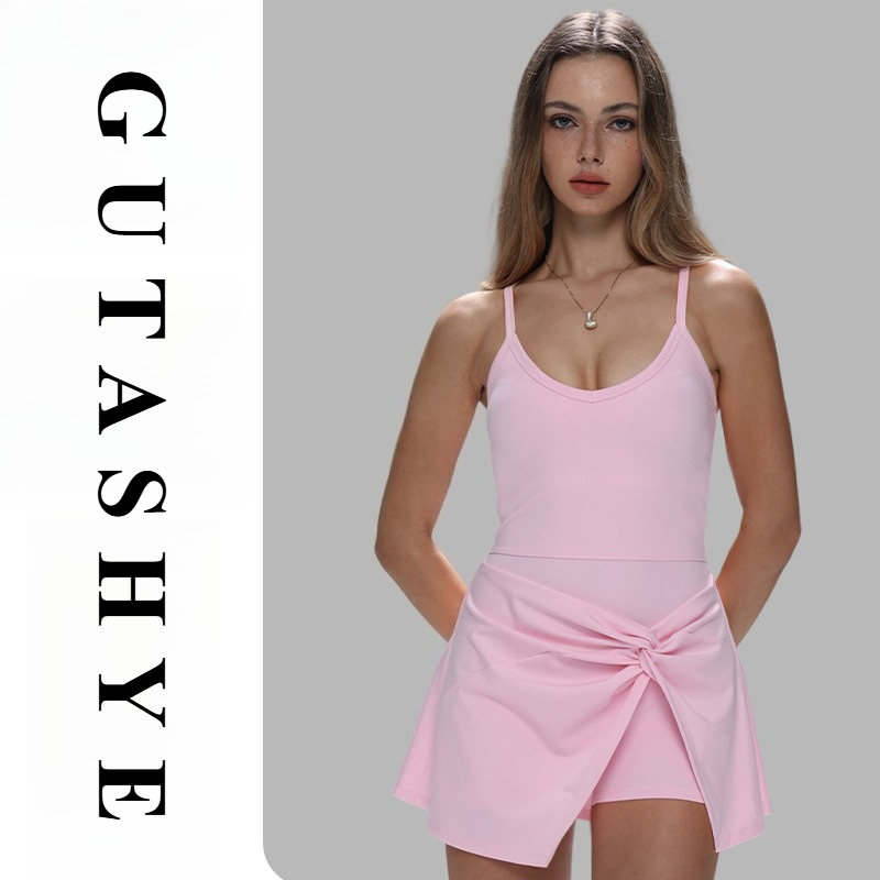 Yoga Fitness Dress - ชุดจั๊มสูทออกกำลังกายสำหรับผู้หญิง สายเดี่ยว ทรงสปагетตี้ ดีไซน์สองชิ้นในตัว ผ้าเนื้อยืด กระชับรูปร่าง