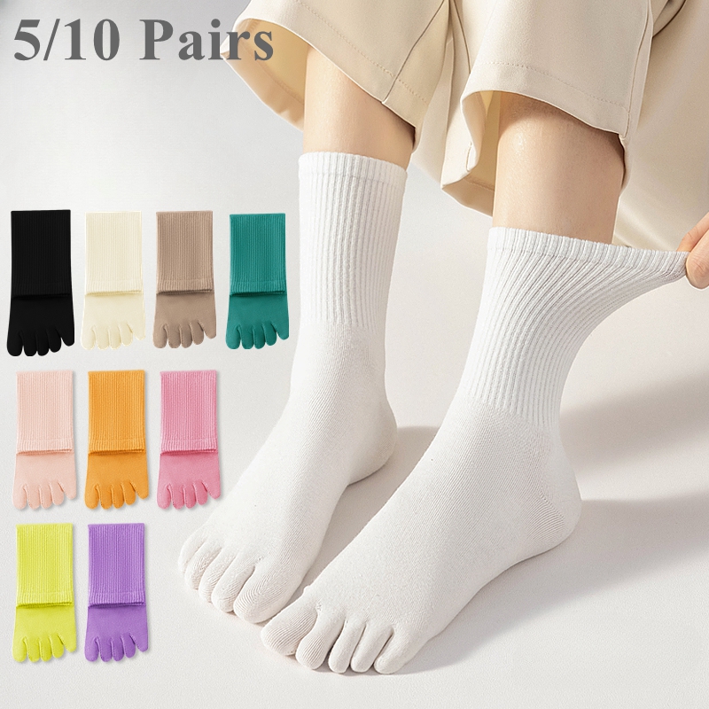 Yoga Toe Separator - 5 หรือ 10 คู่ผู้หญิงกีฬาถุงเท้านิ้วเท้าแยกนิ้วมือสูงห้านิ้วผ้าฝ้ายถุงเท้าลูกเรือโยคะคุณภาพสูง