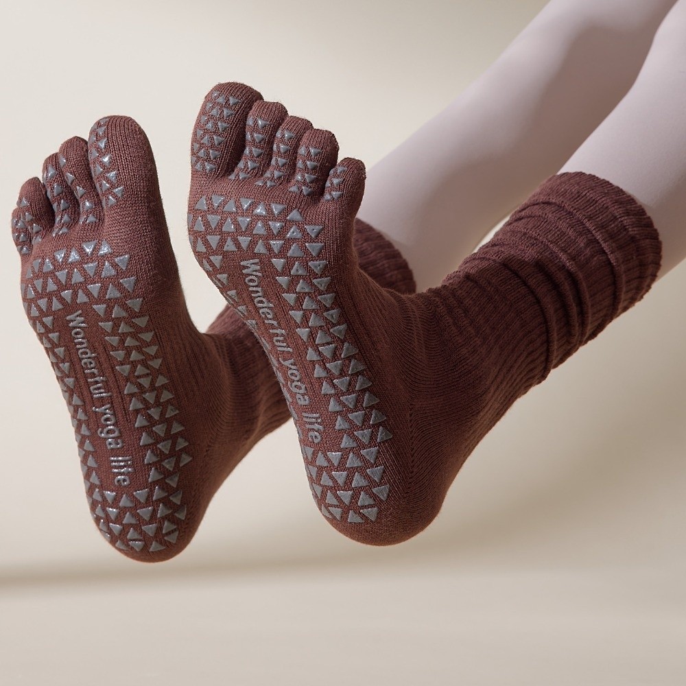 Yoga Toe Separator - ถุงเท้ากีฬาห้านิ้ว แยกนิ้วเท้า ถุงเท้ายาวสำหรับผู้หญิง ถุงเท้าโยคะ ซิลิโคนกันลื่น สีพื้น