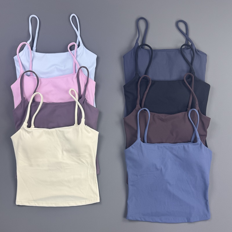 Stretch Strap Yoga - เสื้อกล้ามออกกำลังกายผู้หญิง สายสปาเก็ตตี้ ทรงครอป แขนกุด สีพื้น เนื้อผ้านุ่ม