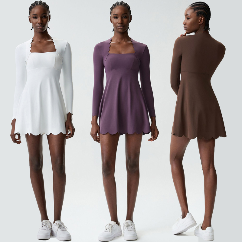 Yoga Fitness Dress - กระโปรงเทนนิสโยคะสำหรับผู้หญิง สีพื้น ชุดวิ่งออกกำลังกายกลางแจ้ง ชุดออกกำลังกายแขนยาว ยืดหยุ่น ระบายอากาศ