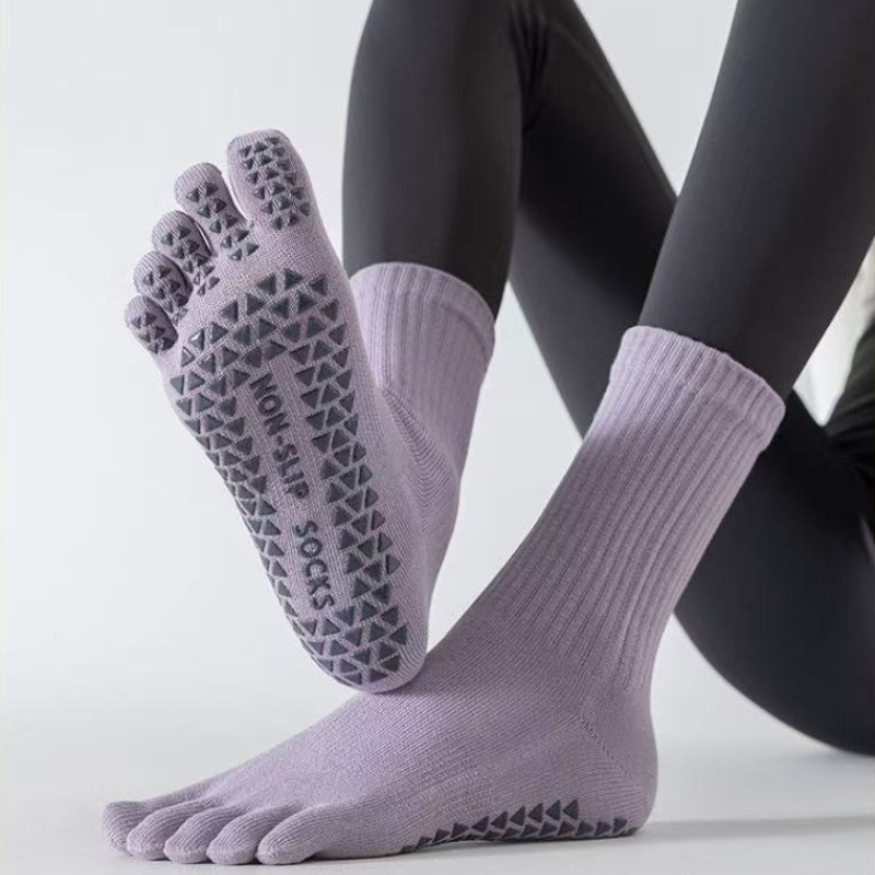 Yoga Toe Separator - ถุงเท้าโยคะห้านิ้วแบบยูนิเซ็กส์ ความยาวระดับกลางน่อง พร้อมซิลิโคนกันลื่น ระบายอากาศได้ดี ผลิตจากผ้าฝ้าย แยกนิ้วเท้าสำหรับการออกกำลังกายพิลาทิสและฟิตเนส