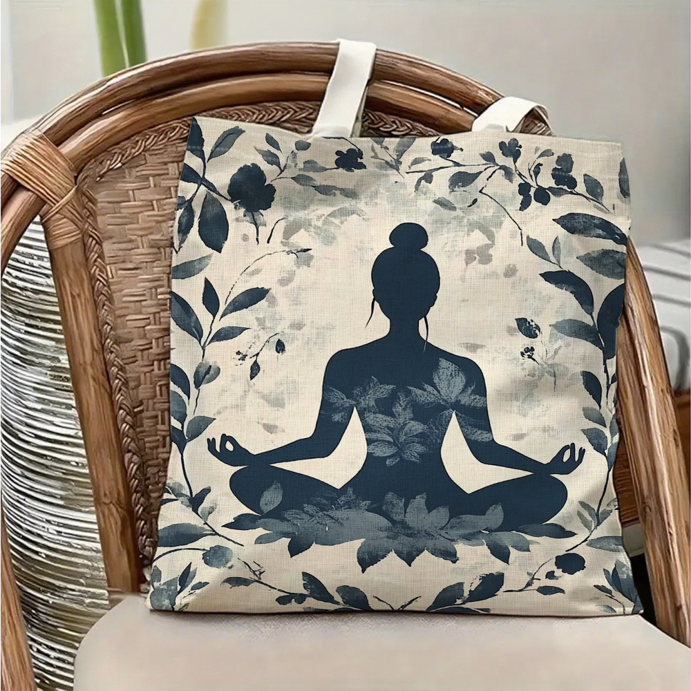 Yoga Fitness Tote - กระเป๋าสะพายผ้าแคนวาสลายโยคะและการทำสมาธิ 1 ชิ้น พร้อมลายพืชและดอกไม้สำหรับผู้หญิงที่ทำสมาธิแบบนั่งไขว้ขา กระเป๋าเก็บของแบบพับได้น้ำหนักเบา กระเป๋าช้อปปิ้งแบบใช้ซ้ำได้พร้อมสายสะพายไหล่แบบคงที่