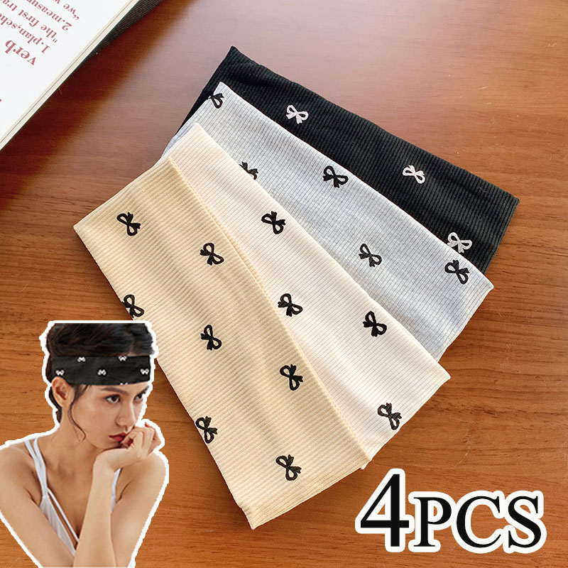 Stretch Strap Yoga - ที่คาดผมผู้หญิงสไตล์เกาหลี 4 ชิ้น ลายโบว์ผูกผม ผ้าถักนุ่ม ยืดหยุ่น