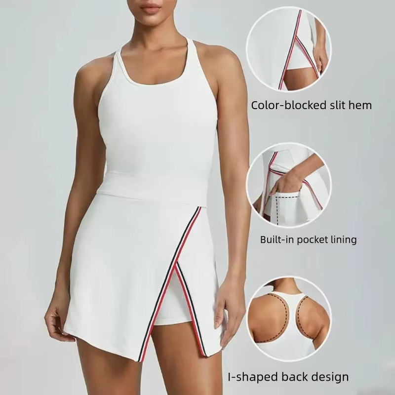 Yoga Fitness Dress - กระโปรงกีฬาสีตัดกันแบบใหม่สำหรับออกกำลังกายกลางแจ้ง วิ่ง ฟิตเนส เทนนิส พร้อมแผ่นรองหน้าอก ชุดกอล์ฟสำหรับผู้หญิง